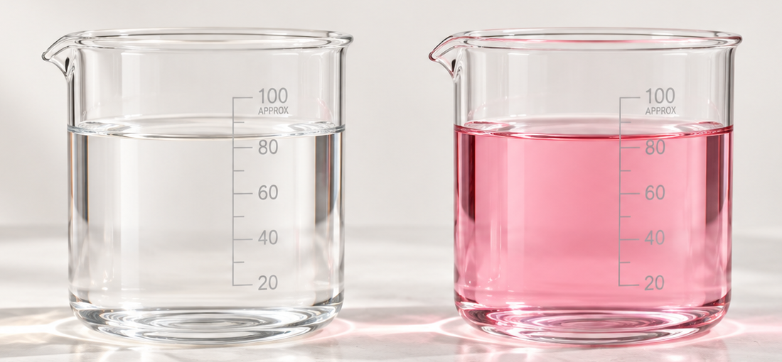 Two glass beakers of shower water after adding DPD No.1 reagent: the filtered sample on the left is clear, the unfiltered sample on the right is pink