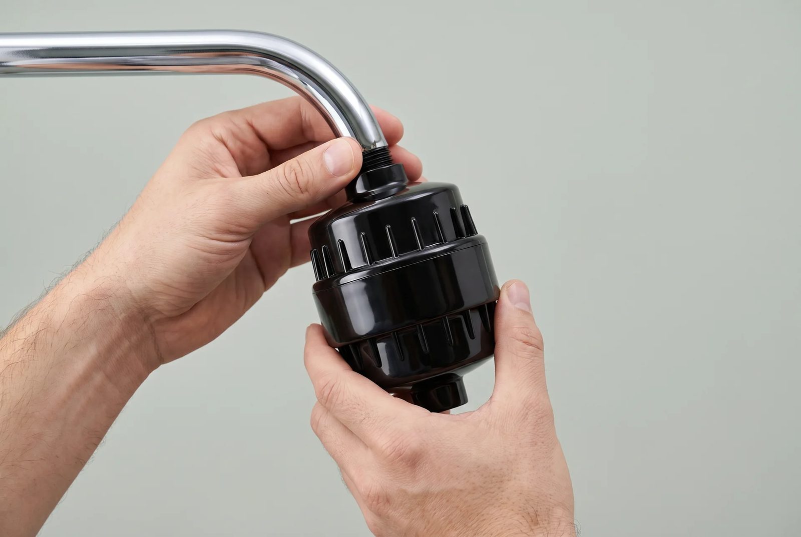 Threading the filter onto the shower arm by hand