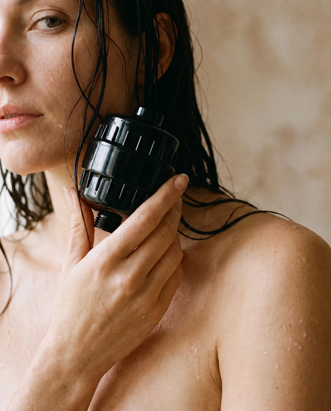 Woman in the shower holding the Eau Pure filter