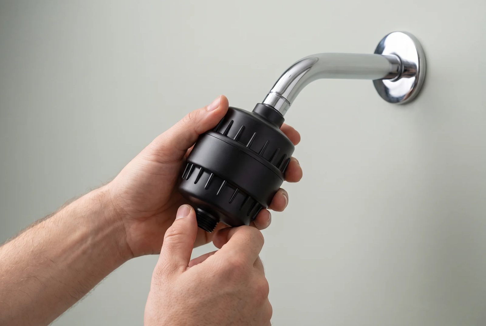 Hands holding the filter beside a bare chrome shower arm
