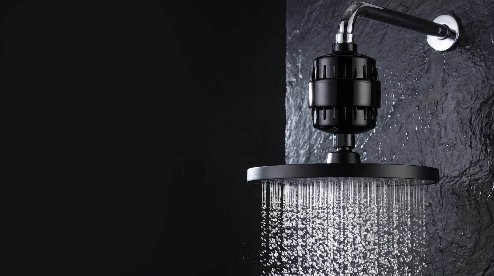 Water running through the fitted filter and shower head